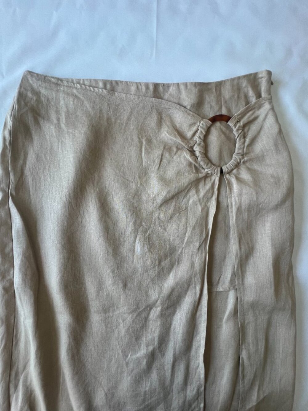 100% Linen Zara Wrap Midi Skirt Womens Size Large Tan Beige Vacation Summer - Picture 5 of 15